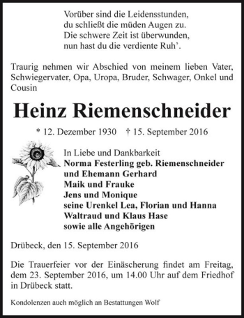 Traueranzeige von Heinz Riemenschneider  von Magdeburger Volksstimme