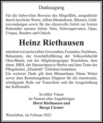 Traueranzeige von Heinz Riethausen  von Magdeburger Volksstimme