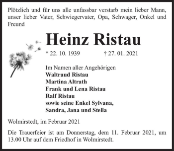 Traueranzeige von Heinz Ristau  von Magdeburger Volksstimme