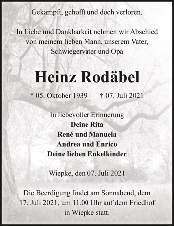 Traueranzeige von Heinz Rodäbel  von Magdeburger Volksstimme