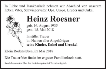 Traueranzeige von Heinz Roesner  von Magdeburger Volksstimme
