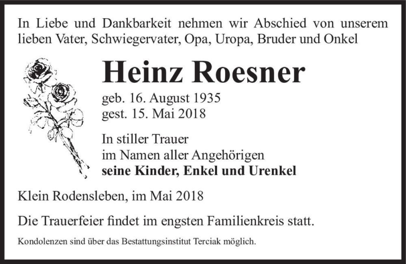  Traueranzeige für Heinz Roesner  vom 19.05.2018 aus Magdeburger Volksstimme