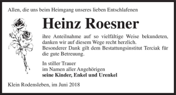 Traueranzeige von Heinz Roesner  von Magdeburger Volksstimme