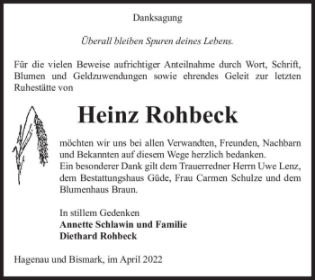 Traueranzeige von Heinz Rohbeck  von Magdeburger Volksstimme