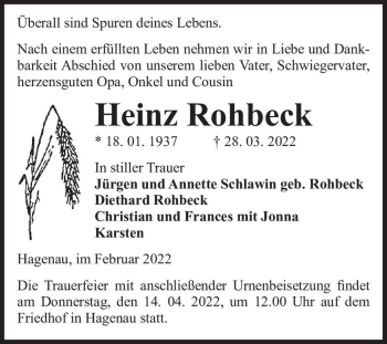 Traueranzeige von Heinz Rohbeck  von Magdeburger Volksstimme