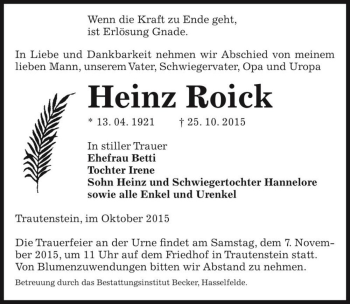 Traueranzeige von Heinz Roick  von Magdeburger Volksstimme