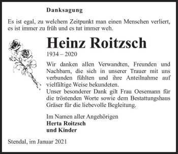 Traueranzeige von Heinz Roitzsch  von Magdeburger Volksstimme