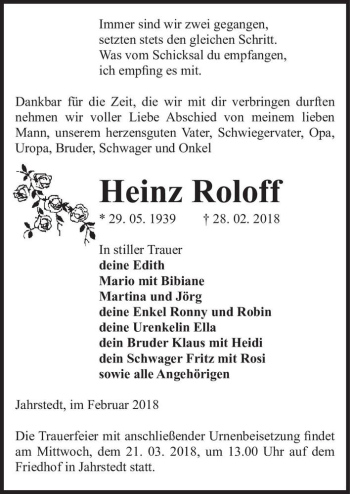 Traueranzeige von Heinz Roloff  von Magdeburger Volksstimme