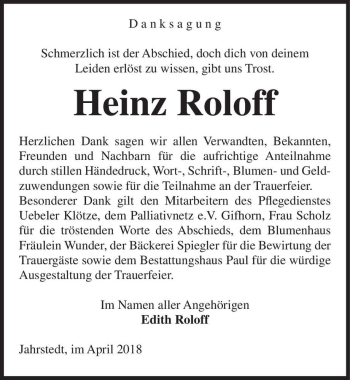 Traueranzeige von Heinz Roloff  von Magdeburger Volksstimme