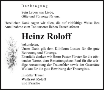Traueranzeige von Heinz Roloff  von Magdeburger Volksstimme