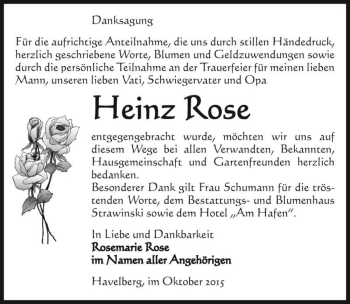 Traueranzeige von Heinz Rose  von Magdeburger Volksstimme