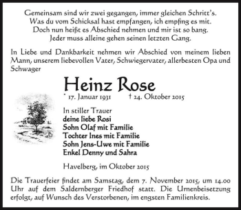 Traueranzeige von Heinz Rose  von Magdeburger Volksstimme