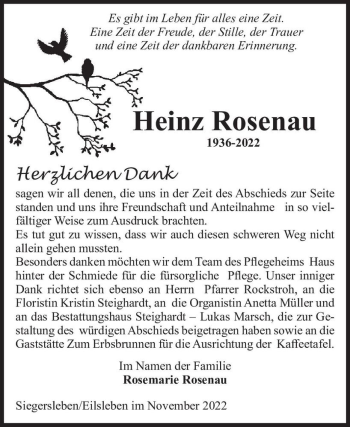 Traueranzeige von Heinz Rosenau  von Magdeburger Volksstimme