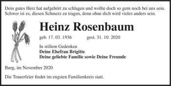 Traueranzeige von Heinz Rosenbaum  von Magdeburger Volksstimme