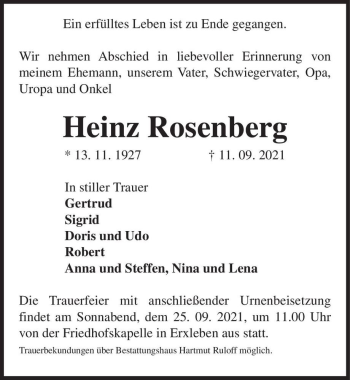 Traueranzeige von Heinz Rosenberg  von Magdeburger Volksstimme