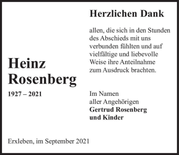 Traueranzeige von Heinz Rosenberg  von Magdeburger Volksstimme