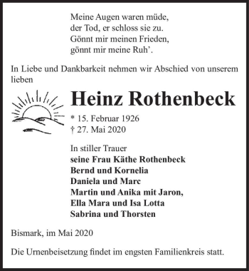 Traueranzeige von Heinz Rothenbeck  von Magdeburger Volksstimme