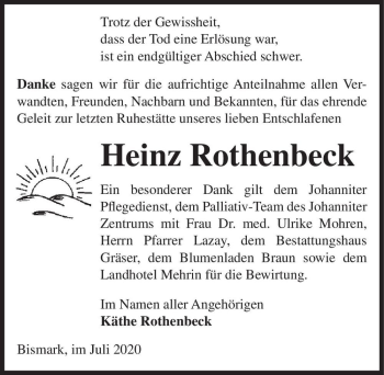 Traueranzeige von Heinz Rothenbeck  von Magdeburger Volksstimme