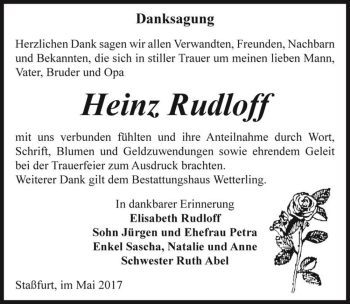 Traueranzeige von Heinz Rudloff  von Magdeburger Volksstimme