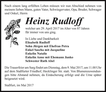 Traueranzeige von Heinz Rudloff  von Magdeburger Volksstimme