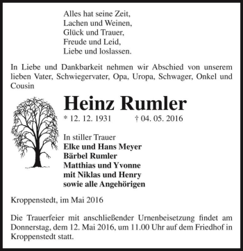 Traueranzeige von Heinz Rumler  von Magdeburger Volksstimme