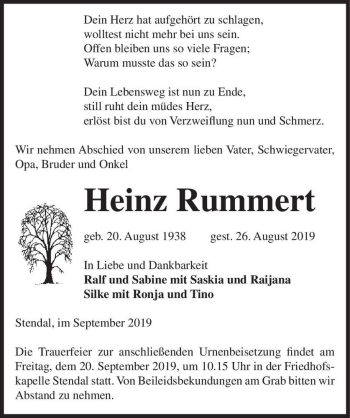 Traueranzeige von Heinz Rummert  von Magdeburger Volksstimme