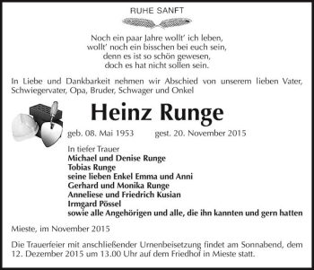 Traueranzeige von Heinz Runge  von Magdeburger Volksstimme