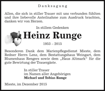 Traueranzeige von Heinz Runge  von Magdeburger Volksstimme