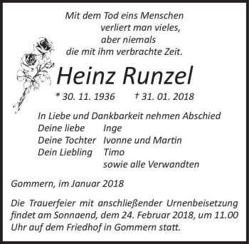 Traueranzeige von Heinz Runzel  von Magdeburger Volksstimme