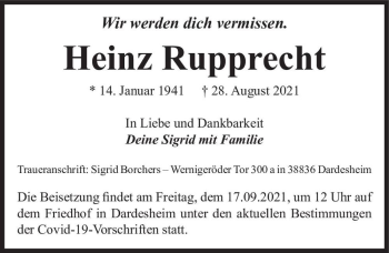 Traueranzeige von Heinz Rupprecht  von Magdeburger Volksstimme