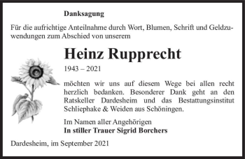 Traueranzeige von Heinz Rupprecht  von Magdeburger Volksstimme