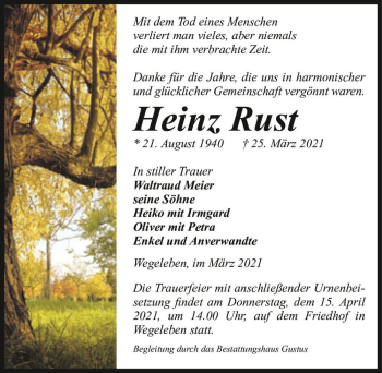 Traueranzeige von Heinz Rust  von Magdeburger Volksstimme