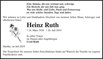 Traueranzeige von Heinz Ruth  von Magdeburger Volksstimme