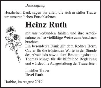 Traueranzeige von Heinz Ruth  von Magdeburger Volksstimme