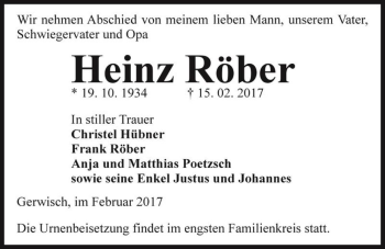 Traueranzeige von Heinz Röber  von Magdeburger Volksstimme