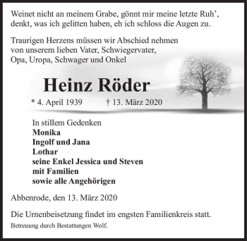 Traueranzeige von Heinz Röder  von Magdeburger Volksstimme