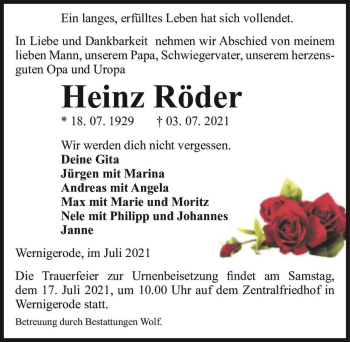 Traueranzeige von Heinz Röder  von Magdeburger Volksstimme