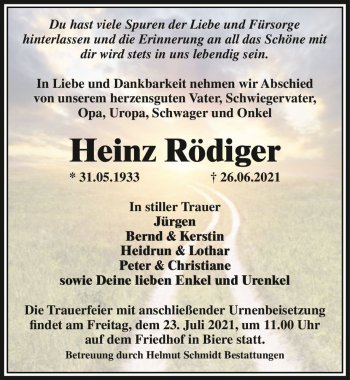 Traueranzeige von Heinz Rödiger  von Magdeburger Volksstimme