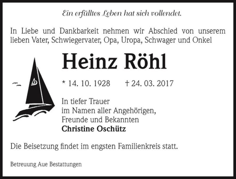  Traueranzeige für Heinz Röhl  vom 01.04.2017 aus Magdeburger Volksstimme