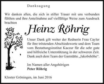 Traueranzeige von Heinz Röhrig  von Magdeburger Volksstimme