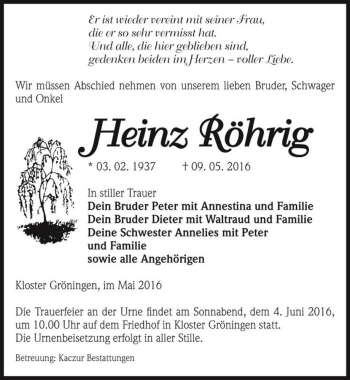 Traueranzeige von Heinz Röhrig  von Magdeburger Volksstimme