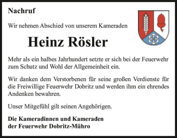 Traueranzeige von Heinz Rösler  von Magdeburger Volksstimme