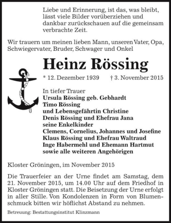 Traueranzeige von Heinz Rössing  von Magdeburger Volksstimme