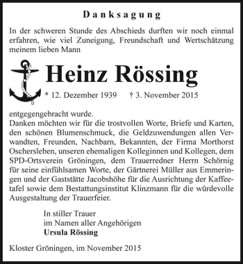 Traueranzeige von Heinz Rössing  von Magdeburger Volksstimme