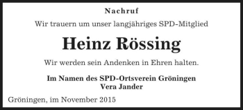 Traueranzeige von Heinz Rössing  von Magdeburger Volksstimme