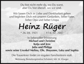 Traueranzeige von Heinz Rüger  von Magdeburger Volksstimme