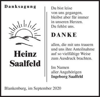Traueranzeige von Heinz Saalfeld  von Magdeburger Volksstimme