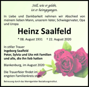 Traueranzeige von Heinz Saalfeld  von Magdeburger Volksstimme