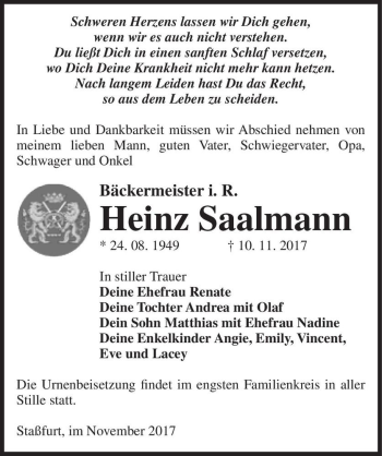 Traueranzeige von Heinz Saalmann  von Magdeburger Volksstimme