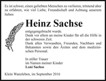 Traueranzeige von Heinz Sachse  von Magdeburger Volksstimme